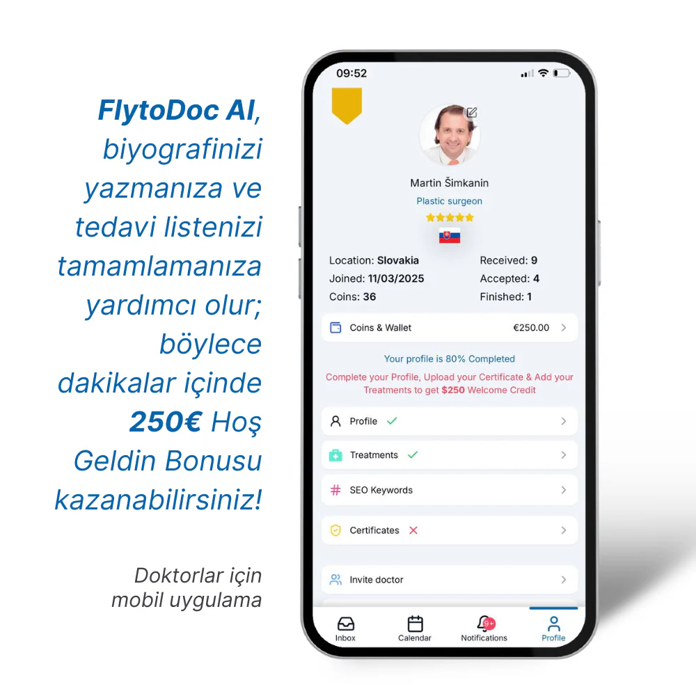 FlytoDoc AI, biyografinizi yazmanıza ve tedavi listenizi tamamlamanıza yardımcı olur; böylece dakikalar içinde 250€ Hoş Geldin Bonusu kazanabilirsiniz!